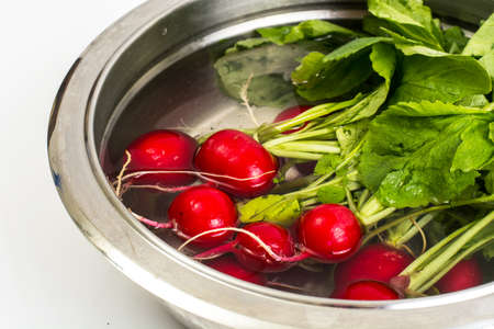 Fresh red radish in water in metal bowlの写真素材