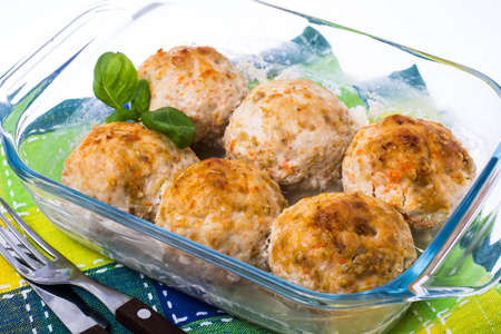 Grilled meatballs in  glass  frying pan. Studio Photoの写真素材