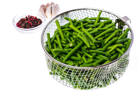 Green string beans in  metal. Studio Photoの写真素材