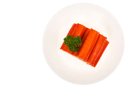Crab sticks surimi stuffed with cheese on white backgroundの写真素材