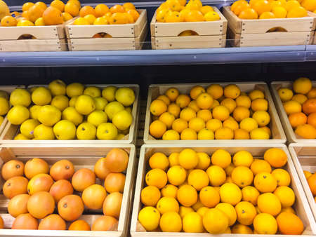 Fresh juicy oranges and grapefruits on store shelves