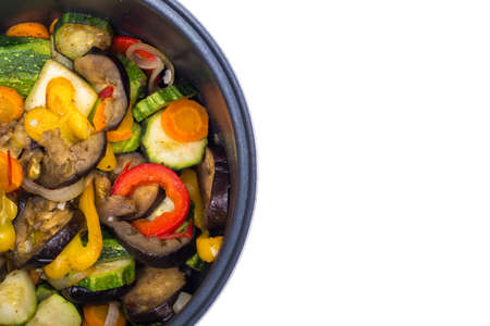 Stewed seasonal vegetables in saucepan. Studio Photoの写真素材
