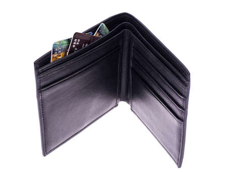 Black leather purse with bank, business , credit cards