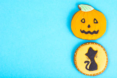 Halloween gingerbread on bright pastel colorの写真素材