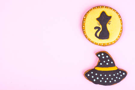 Halloween gingerbread on bright pastel colorの写真素材