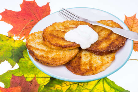 Potato pancakes with white sauce.の写真素材
