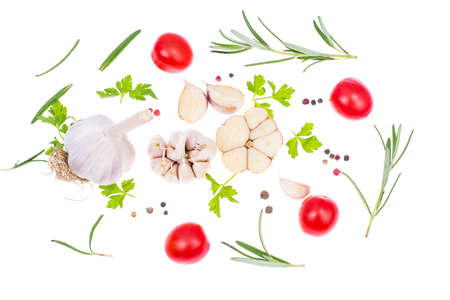 Fresh vegetables and spices on white backgroundの写真素材