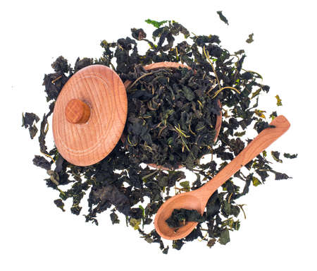 Herbal mulberry organic green tea on white background