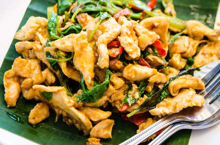 Spicy fried chicken fillet with curry and chili, Asian cuisine