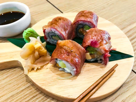 Meat sushi rolls with beef. Studio Photoの写真素材