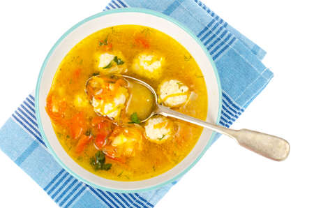 Soup with carrot, onion, paprika and meatballsの写真素材