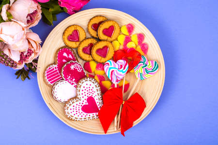 Sweets, gingerbread, lollipops, cookies for Valentines Day