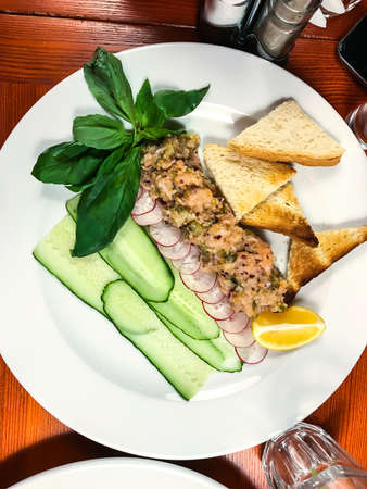 Tartar with salmon, cucumber, toast. Studio Photoの写真素材