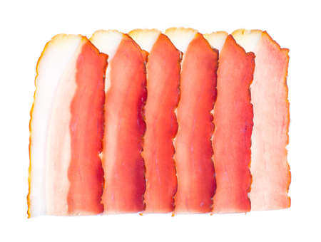 Pieces of Parma ham isolated on white backgroundの写真素材