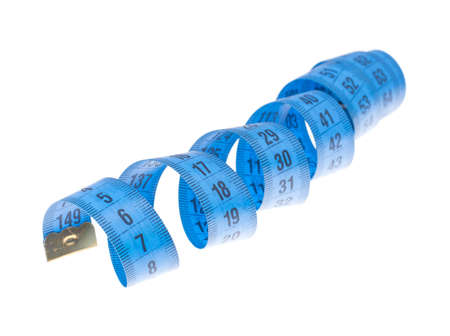 Blue measuring tape isolated on white backgroundの写真素材