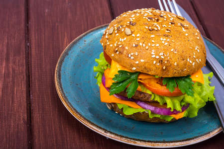 Warm fresh burger with meat on plateの写真素材