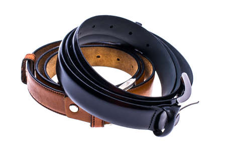 Two leather trouser belt men on white background. Studio Photoの写真素材