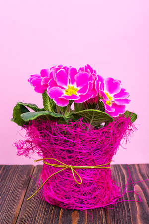 Rustic wooden table with bouquet of flowers as a mock-up or postcardの写真素材
