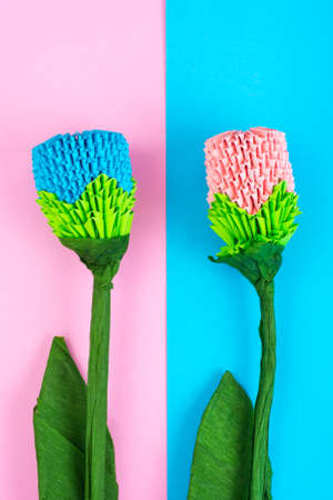 Multicolored paper origami flowers on pastel background. Studio Photo
の写真素材