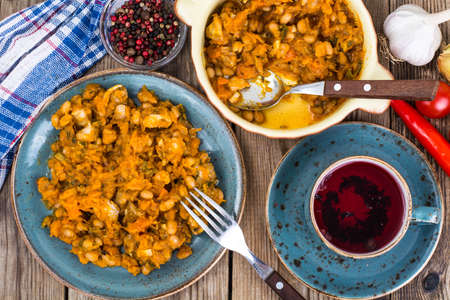 Rustic table with bean dishes. Studio Photoの写真素材