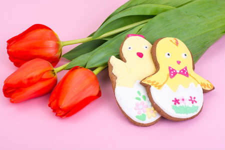 Easter gifts, sweet gingerbreads, flowers on pastel background. Studio Photoの写真素材