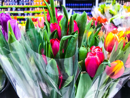 Bouquets of fresh colorful tulips, sale in the marketの写真素材