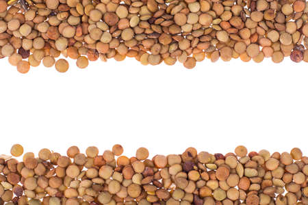 Scattering of lentils on white background closeupの写真素材