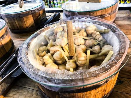 Wooden barrels with sauerkraut vegetablesの写真素材