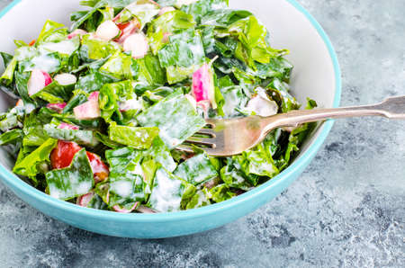 Concept of healthy lifestyle, vegetarian menu. Salad of fresh herbs and vegetables. Studio Photoの写真素材