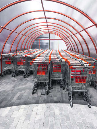 Trolley for products, goods near supermarketの写真素材