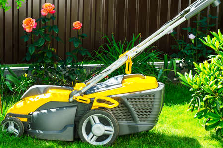 Care of garden. Lawn mowing with lawn mower. Studio Photo