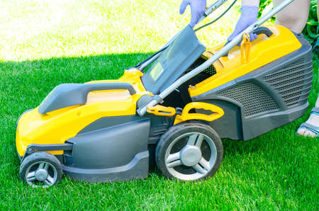 Care of garden. Lawn mowing with lawn mower. Studio Photo