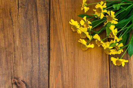 Bouquet with yellow flowers on wooden tableの写真素材