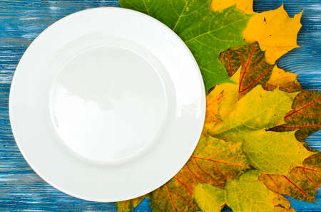 Layout for autumn menu, white plate, maple leavesの写真素材
