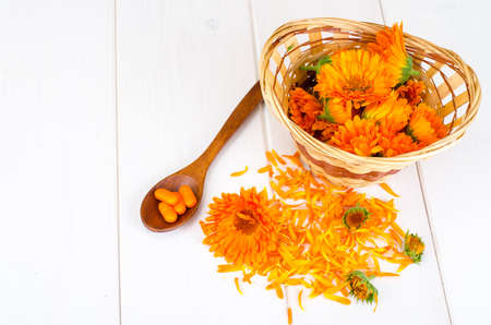 Medical preparations based on medicinal herbs. Flowers of calendula marigold.の写真素材