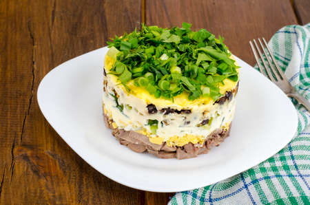 Layered portion salad with meat, cucumber, egg and mayonnaise.の写真素材