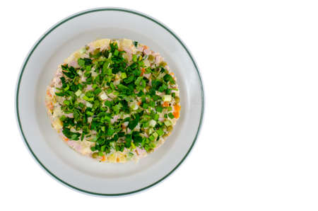 Vegetable salad with sausage and canned green peas.の写真素材