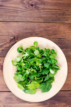 Corn salad and spinach leaves on wooden plate.の写真素材