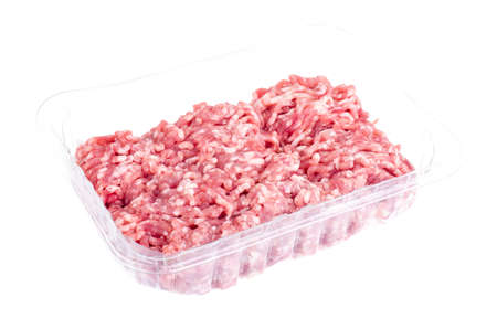 Raw minced meat in plastic containerの写真素材