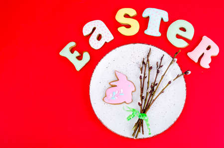 Easter table setting with spring pussy willow twigs. Holidays background. Studio Photoの写真素材