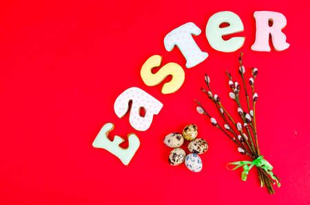 Easter table setting with spring pussy willow twigs. Holidays background. Studio Photo