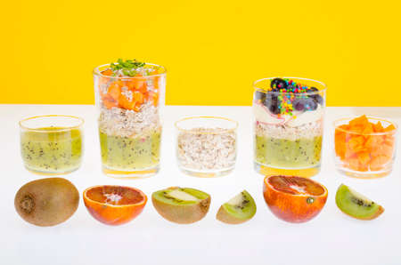 Healthy healthy food. Muesli, oatmeal, smoothies, berries, fruits, vegetables. Studio Photo