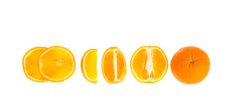 Set of fresh whole and cut orange and slices isolated on white background.