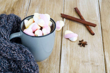 Cup of hot cocoa with marshmallows, woolen warm scarf, cozy winter evening.