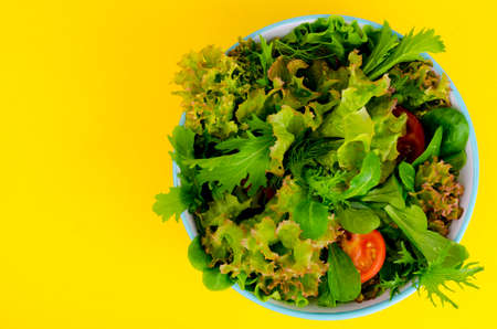 Bowl of mixed salad on bright, color background. Studio Photoの写真素材