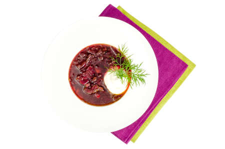 Vegetable vegetarian soup with beetroot. Studio Photo.