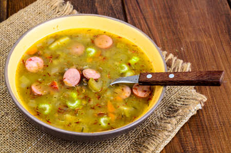 Soup with lentils, sausages and vegetablesの写真素材