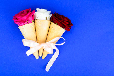 Roses in awafer ice cream coneの写真素材
