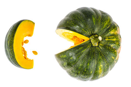 Sliced round ripe pumpkin, isolated on white backgroundの写真素材