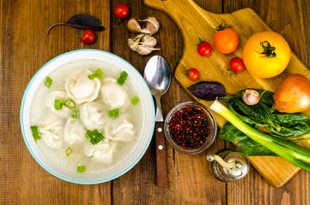 Hot broth with ravioli and green onions. Studio Photoの写真素材